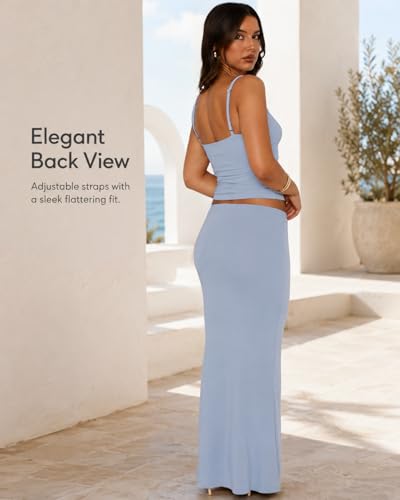 Image of Two Piece Skirt Set for Women - Sexy Sleeveless Spaghetti Strap Pleated Tank Top Maxi Long Skirts Sets
