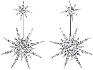 Starburst CZ Dangle Drop Earrings for Women Girls Sensitive Ear S925 Sterling Silver Stud Post Pin Fashion Lucky Star Dangling Hanging Earring Jewelry Hypoallergenic Gifts Bff Birthday Girlfriend