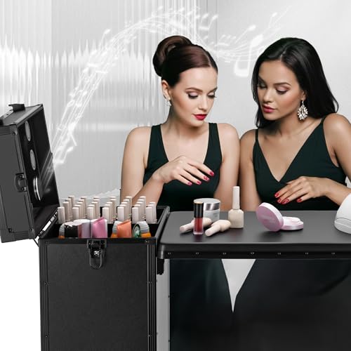 Rolling Manicure Table Foldable Nail Desk 4 Drawers, Makeup Organizer Blueteeth Speaker on Wheels, Travel Makeup Case with LED Mirror TSA Lock for Technician Workstation Salon