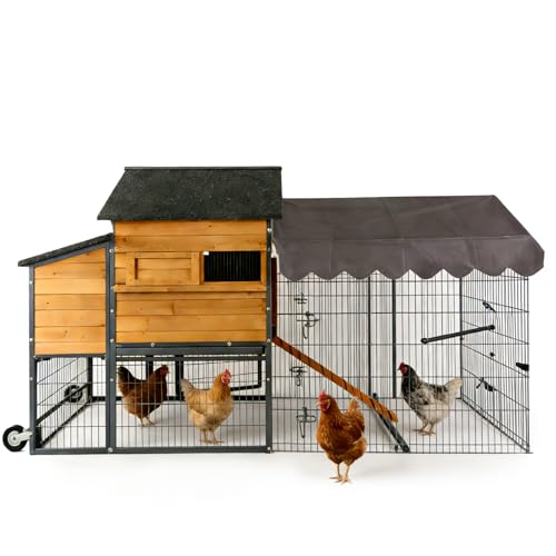 Image of Extra Large Mobile Chicken Coop with Run, Portable Chicken Tractor with Wheels, Wooden Poultry Cage with All-Around Iron Frame, Metal Sliding Tray, Nesting Boxes for 6-8 Chickens