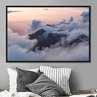 Framed Canvas Wall Art Foggy Mountains Aerial Cool Multicolor Nature Photography Realism Relax/Calm Rustic Wilderness - 16x24 inches