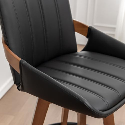 Image of AQG Black Bar Stools 26 Inch Counter Height Set of 2 Leather Counter Stools with Backs, Mid Century Modern Swivel Counter Height Stools, Upholstered Barstools Wood Frame for Kitchen Counter