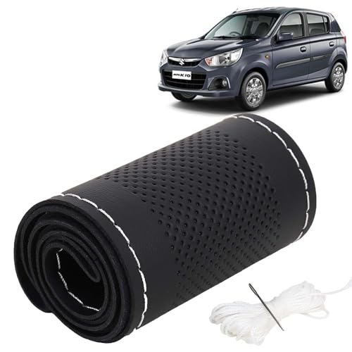 Image of KINGSWAY PU Leatherite Car Steering Cover Sewable Compatible with Maruti Suzuki Alto K10 (Year 2014-2022), Black Color with Silver Thread, Pack of 1 with Sewing Needle and Thread