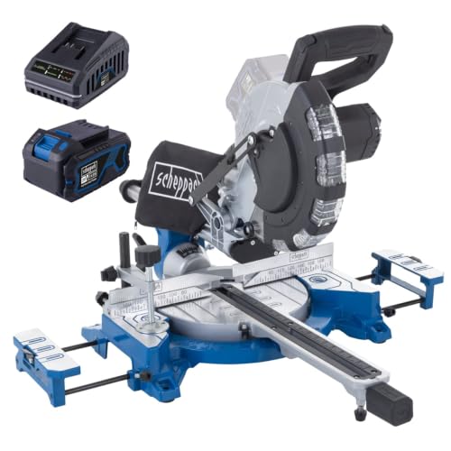 Scheppach Akku Kappzugsäge BC-HM216-X | Schnittbreite-/Höhe 340 & 65mm | SägeblattØ 210mm | Gehrung 45 bis -45 | Brushless Gehrungssäge | 20V-IXES-Serie | 10 Jahre Garantie | mit 4Ah Akku & Ladegerät