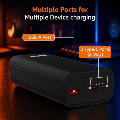 Image of Amazon Basics 27000 mAh Power Bank, 65W Fast Charging, Outputs (2 Type C & 1 USB) PD3.0, for iPhone, Android, Laptop, Tablets, Earbuds, Flight Friendly, Metallic Body (Black)
