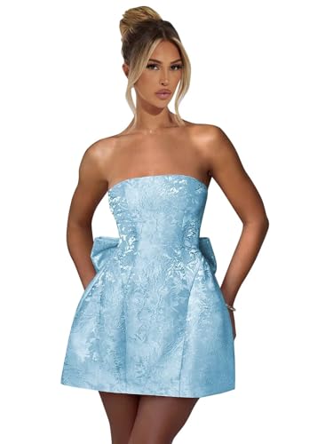 Jacquard Satin Homecoming Dresses with Bow Cute Strapless Mini Short Cocktail Party Gown