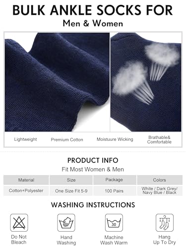 Image of Tarpop 100 Pairs Bulk Mens Socks Moisture Wicking Casual Sports Ankle Socks for Homeless Unisex Adult Men Women