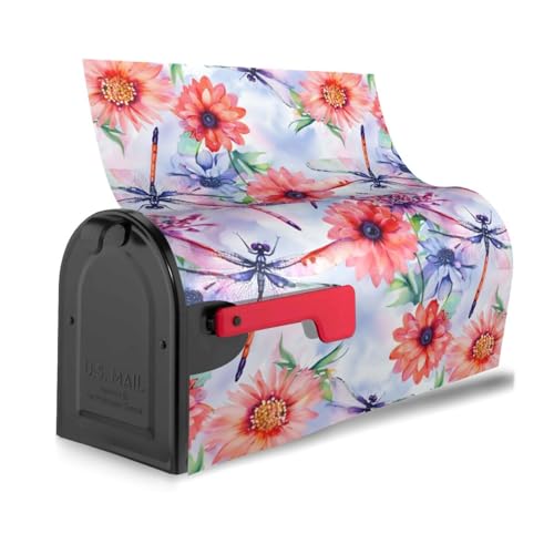 Image of Spring Summer Mailbox Cover Magnetic Watercolor Dragonflies and Flowers Waterproof Mailbox Wraps Post Letter Box Decor 21x18 in