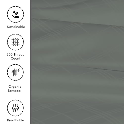 Image of LINENWALAS 300 TC Organic Bamboo Jacquard Check Flat Bedsheet for Single Bed, Silky Soft Sateen Weave | Breathable, Cooling & Hypoallergenic (Charcoal Grey, 60 inchx90 inch)