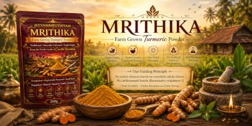 Image of Turmeric Powder Mrithika | Sun-Dried Haldi Powder | High Curcumin Manjalpodi | Stone-Grounded fresh batch | Pesticide-Free Arishina, No Additives Pasupu | MRITHIKA Farm-Grown curcuma longa Coastal Karnataka (100gm Pouch)