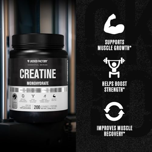 Image of Jacked Factory Creatine Monohydrate Powder 1000g - 5g Daily Creatine Supplement for Men and Women, Vegan-Friendly, Third-Party Tested - 200 Servings, Unflavored (Pack of 2)