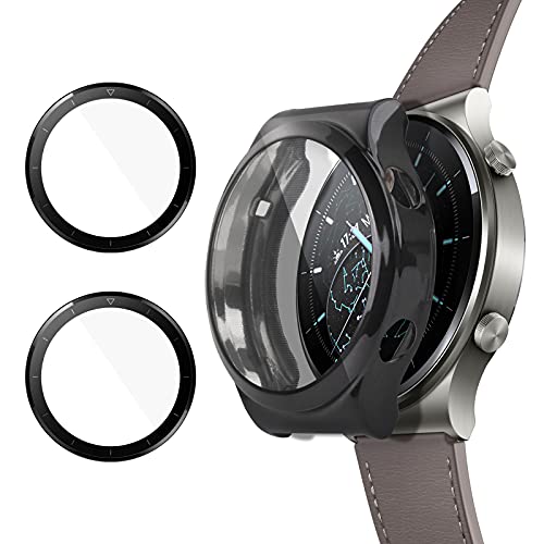 YHX-US 2 Packs Smart Watch Screen Protector for Huawei Watch GT2 Pro 46mm GT Two Pro Tempered Glass Film Case 9H Hardness HD Clear Anti-Scratch Bubble Free Tempered Glass Film + 1 TPU Watch Cover