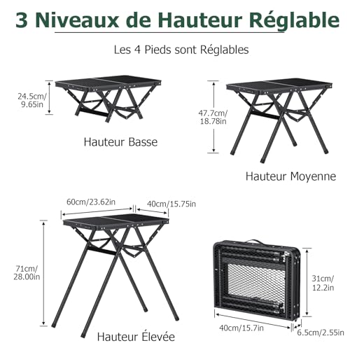Table de camping pliante à hauteur réglable et structure en X ultra stable - 4