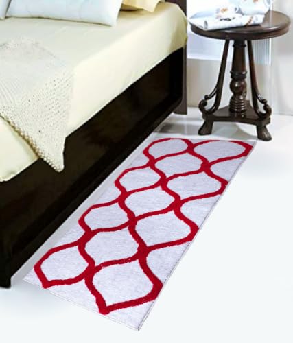 Image of Anti-Skid Bedside Runner for Bedroom Super Soft Microfiber Carpet for Bedroom, Living Room & Entrance | Washable Non-Slip Floor Mat (White /Red, 2x8 FT)