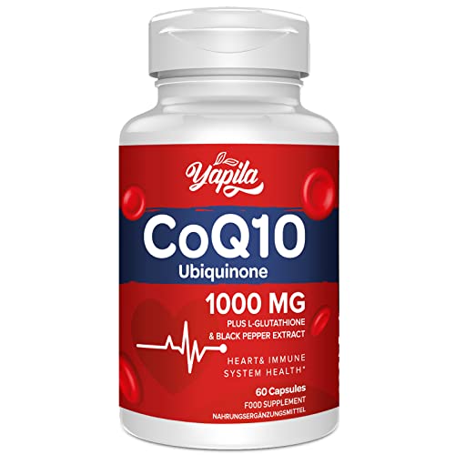 Yapila CoQ10 con L-Glutatión Cápsulas de 1000 mg - Coenzima Q10 100% Fermentada, Coenzyme Q10 Altamente Concentrada, Coenzima Q10 Antioxidante, Sin Soja, Sin Gluten, Vegano