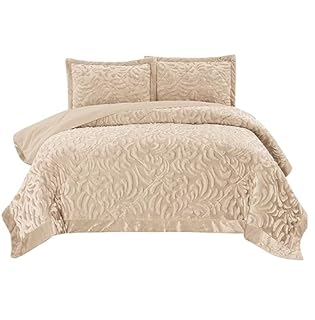 Rugs Inn Heavy Super Soft Fleece Quilted Bedspread 3pcs Large Bed Throw with Hypoallergenic Pillow Set - Large Super King Size Bed Throws and Bedspreads - Beige