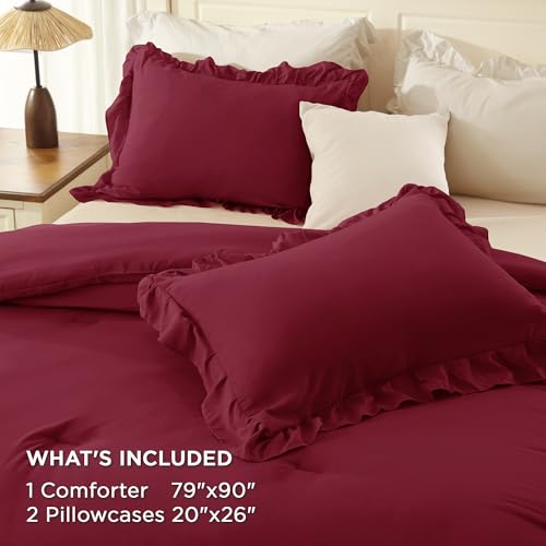 Image of Andency Burgundy Ruffle Comforter Full Set, 3pcs Vintage Farmhouse Shabby Chic Bedding Comforter Set, Soft Lightweight Fluffy Bed Comforter Sets All Season Bedding Set