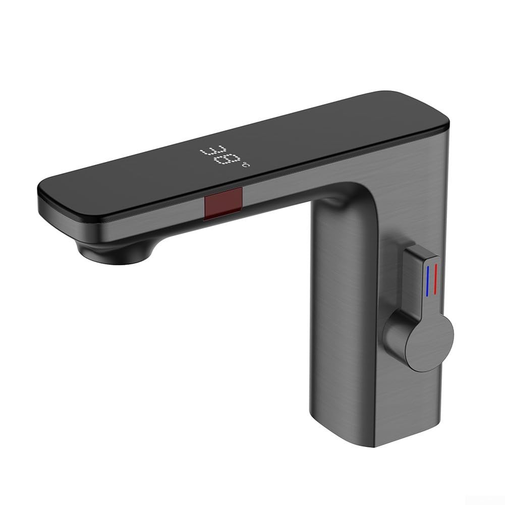 HCFYAUIS Automatic Sensor Control Touchless Bathroom Faucet Hot/Cold Water Mixer Tap Contemporary Grey Basin Faucet for Modern Bathrooms Hands Operation