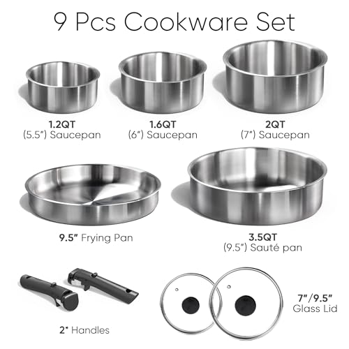 CAROTE Pots and Pans Set, Stainless Steel Cookware Set Detachable Handle, 9pcs Induction Kitchen Cookware Sets with Removable Handle, RV Cookware Set, Oven Safe - Image 3