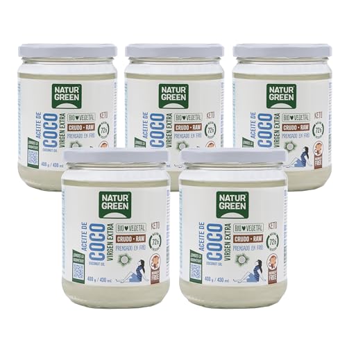 NATURGREEN Aceite de Coco Bio, Virgen Extra, Ideal para Cocinar, Hidrata Piel y Cabello, Ingredientes Naturales, Apto para Veganos, 430 ml/ 400 Gramos (5 unidades)