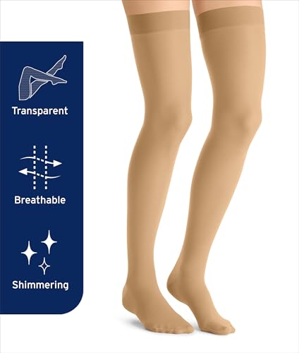 Image of JOBST UltraSheer Thigh-High Compression Stockings for Women - Closed Toe - Lace Band - Medical Compression 20-30 mmHg - For Varicose and Spider Veins - Helps Prevent Swelling - Classic Black, Large Petite