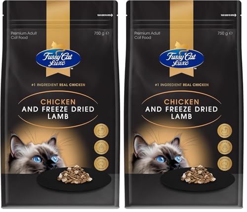 Fussy Cat Luxe Dry Cat Food, Chicken and Freeze Dried Lamb 750g - Real Chicken & Freeze-Dried Lamb for Premium Taste, 34% Protein & Complete Nutrition (Pack of 2)