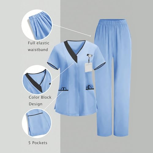 Image of 2026 Scrub for Cleaning Jobs Uniform, Multi Pockets Scrubs for Women Sets, V-Neck Top & Straight Leg Pants Scrubs Set