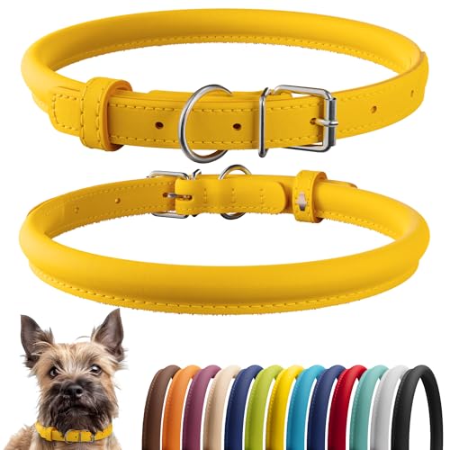 Tangle-Free Rolled Leather Dog Collar, 6 in, Yellow Smooth