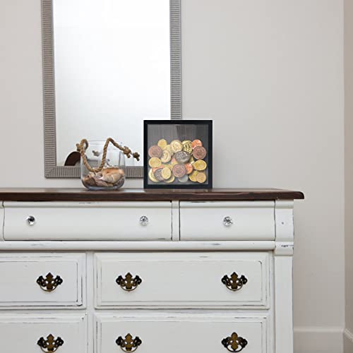 Image of GraduationMall 8x8 Top Loading Shadow Box Frame with HD Glass,Wood Display Case with Slot,1.25 inches Interior Depth,Ideal for Wine Bottle Caps,Tickets,Shells,Stamps and More,Black