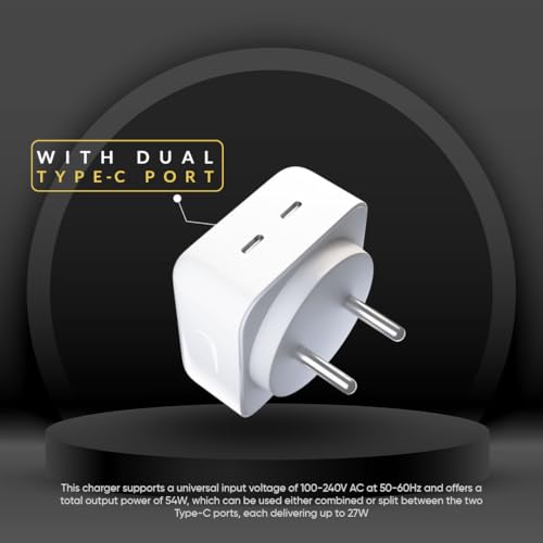 Image of Vismac Hyper 54W Dual Type-C PD Fast Charger, Smart Power Distribution, Overheat & Overvoltage Protection, Compact Travel Adapter, Fast Charging for iPhone, Android, Tablets & USB-C Devices