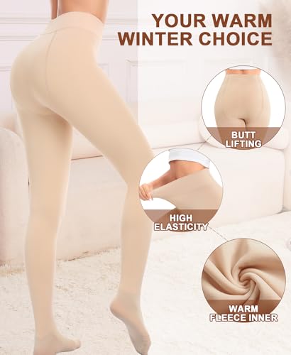 Image of QooNoo Fleece Lined Tights Women 200g Pantyhose Opaque Black Sheer Thermal Winter Warm Leggings Under Dress(Footed Nude,X-Small)