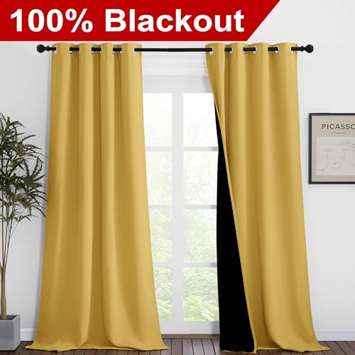 Image of NICETOWN 100% Blackout Blinds, Set of 2, 46 inches x 102 inches, Laundry Room Decor Window Treatment Curtains for Large Patio Sliding Door, Thermal Insulated Bright Yellow Curtains for Bedroom