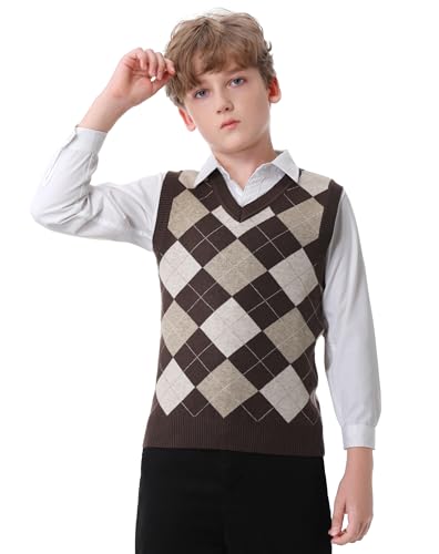 Image of Boys Sweater Vest V Neck Argyle Sleeveless Uniform Knit Plaid Kids Clothes