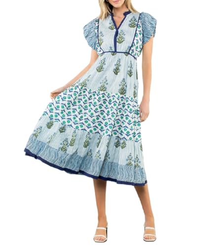 Women Boho Midi Dress Floral Print Ruffle Sleeve Flowy Maxi Dress Cute V Neck Loose Tiered Smocked Babydoll Dresses