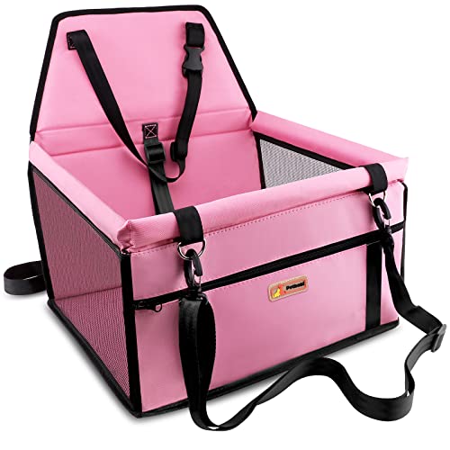 Petbobi Pet Reinforce Car Booster Seat for Dog Cat Portable and Breathable Bag with Seat Belt Dog Carrier Safety Stable for Travel Look Out,with Clip on Leash with PVC Tube, Pink, Mother’s Day