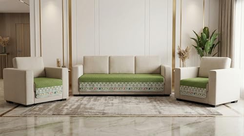 Image of Velvet Quilted Sofa Cover Mat Seat & Back, 3+1+1 Set, Total L115in H32in (3+1+1), Green Color,Anti Skid Backing, 6in Hanging Strap Design, Washable Soft, A, Style -Green-S311