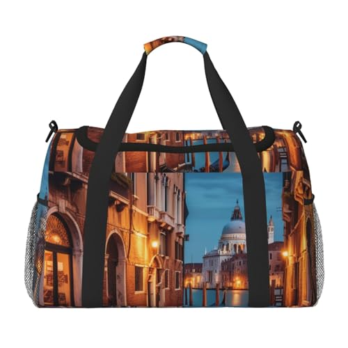 Venice Night Print Travel Duffle Bag - Foldable Personal Item Travel Bag for Women & Men,Carry-On Convertible Crossbody Tote Bags with Adjustable Shoulder Strap & Pockets 13x10.2x19.7 in