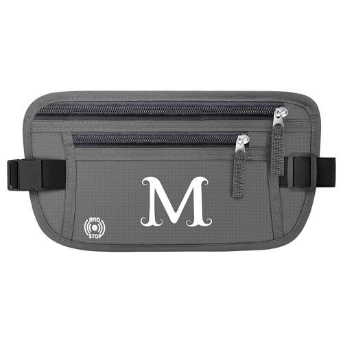 Image of Travel Money Belt, Personalized Initials Passport Holder with Anti Theft RFID Protection, Slim Travel Wallet for Women & Men, Travel Fanny Pack for Travel Essentials-Letter M, Army Green
