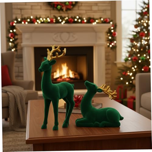 Figurines de renne contre déco de Noël fade : statue cerf résine verte floquée 24,9 cm - 4