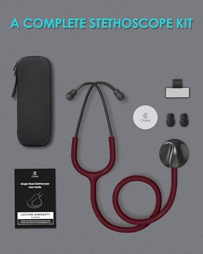 Image of Single Head Stethoscope with Case for Nurse /Nursing School Students | Burgundy Tube Essential Estetoscopio for Medical BP Monitoring & Home Use, with Accessories Name Tag