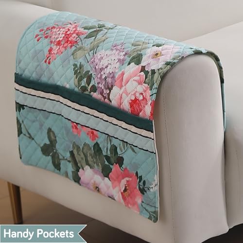 Image of HOKIPO 'LiefNest' Printed Holland Velvet Sofa Armrest Covers | 1 Pair | Fresh Floral Pastel Blue (IN-827-L-D3*2)