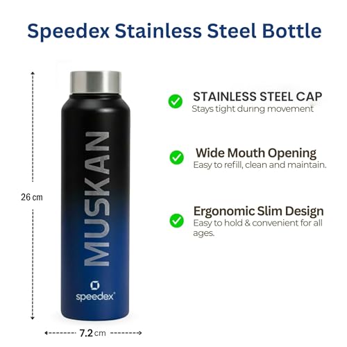Image of Speedex Customised Engraved Name Stainless Steel Water Bottle 1 Ltr - Personalised Screw Cap Bottle for Kids, Men & Women, School, Office, Gym, Black Blue, Set of 1