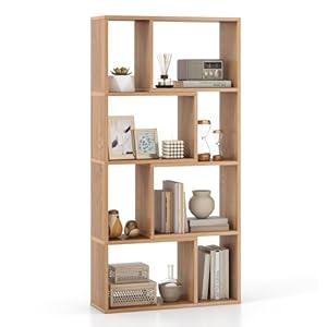 COSTWAY 8-Cube Geometric Bookshelf, 120cm Wooden Bookcase Storage Rack with Anti-Toppling Device, Freestanding Modern Display Shelving Unit Room Divider for Study Bedroom Living Room (Natural)