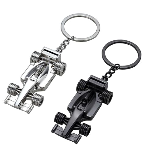 Qurbuns 2 PCS 3D Race Car Keychain Set, Cool Mini Metal Racing Model Keychain, Ideal Gift for Father Husband Boyfriends Racing Fans, Universal Heavy Duty Metal Key Chain Accessories (Silver&Black)