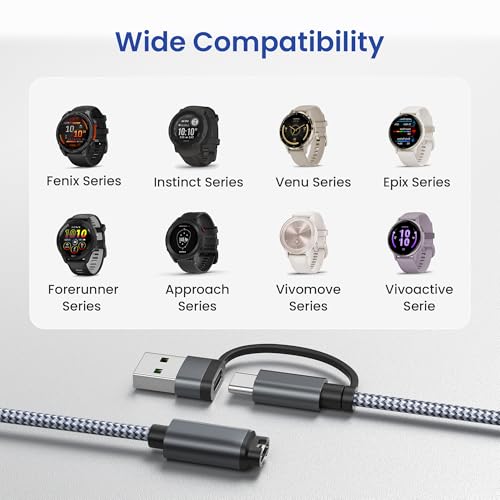 Image of Itramax 2-in-1 Type-C Charging Cable for Garmin Watch 4FT 2-Pack,Charger Cord for Fenix 8 7 7X 7S Sapphire Solar 6 6X 6S 5X 5S 5 Plus,Forerunner 970 965 955 265 255 165 70 55 45,Instinct E 3 2 2S 2X
