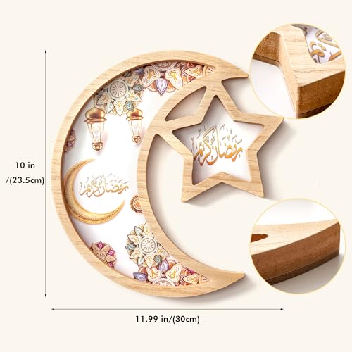 Stmarry Ramadan Tray Eid Tray, Star and Moon Tray Ramadan Serving Tray for Home Decor Food Tray Plate, Eid Mubarak Decorations for Table (Wood)