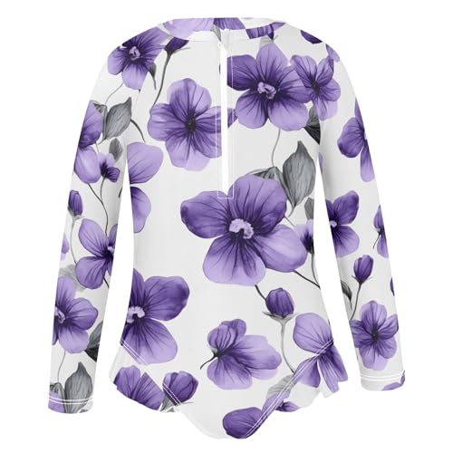 One Piece Swimsuits for Girls Quick Dry Rash Guard Zipper Swimwear, Violets Floral White Purple 3T2