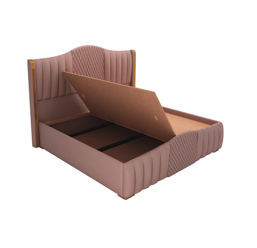 Image of MAMTA DECORATION Solid Wood King Size Bed for Bedroom with Box Storage | Premium Velvet Upholstery Double Bed with Tufted Headboard | Modern Palang Cot Bed for Home, Hotels & Guest Room | Onion Pink
