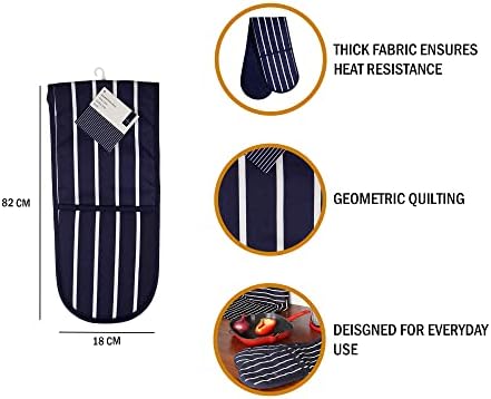 Premier Housewares 100% Cotton Gloves, Double Oven Mitts, Striped, Heat Resistant, H83X W18X D2, Blue