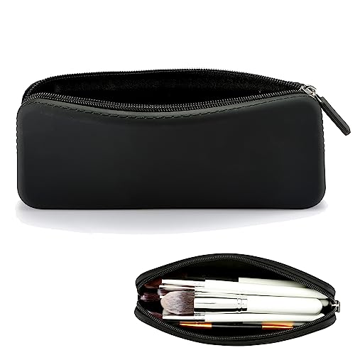 TailaiMei Large Travel Makeup Brush Holder - Zipper Anti-Fall Out Silicon Cosmetic Pouch, Makeup Tools Organizer For Travel (7.6 * 3.1 * 0.9 inches, Black)